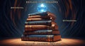 A mystical stack of ancient books titled Explore the Unknown with a glowing blue crystal on top in a dark fantasy setting Royalty Free Stock Photo