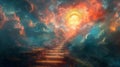 Mystical stairway ascending through clouds to radiant gateway. Staircase leading to glowing arch among the clouds Royalty Free Stock Photo