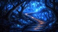 Mystical stairway in a glowing blue forest at night Royalty Free Stock Photo