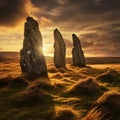 Mystical standing stones on a windswept moor