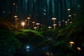 A mystical, starlit forest teeming with colorful mushrooms and lights