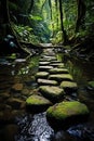 Mystical Stepping Stones Through Rainforest Creek. Generative AI