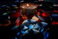 mystical still life. burning candles and magic glass stones on a dark background. the concept of divination, clairvoyance