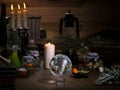 Mystical still life - the magic ball, candles, herbs. Many items and utensils alchemist. Concept - , witch board, alternative