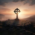Mystical Stone Circle at Dawn with Glowing Carved Stone Cross AI Generated