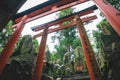 Mystical stone temple shrine covered with moss and surrounded by torii gates at Fishimi Inari Taisha in Kyoto, Japan