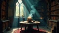 A mystical study sunbeams illuminate an ancient cauldron, bookshelves overflowing with timeless knowledge, and mysterious Royalty Free Stock Photo