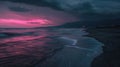 Mystical summer night beach in realistic 85mm lens photo with black and pink colors