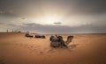 Mystical sunset with camels in the desert