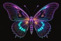 Mystical surreal monarch butterfly with pink and cyan colored neon lights isolated on black background, transparent cosmic