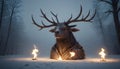 Enigmatic Stag Statue in Foggy Winter Forest with Fiery Torches