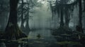 Mystical swamp in an ominous fog. Fantasy background. Generative AI Royalty Free Stock Photo