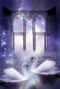 Mystical swans with divine gate like artistic surreal magic dreamy concept