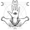 Mystical symbol: human hand, Eye of Providence, sacred geometry. Esoteric, religion, occultism.