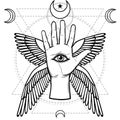 Mystical symbol: human hand, Eye of Providence, sacred geometry. Royalty Free Stock Photo