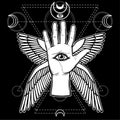 Mystical symbol: human hand, Eye of Providence, sacred geometry.
