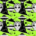 UFO seamless pattern. Invasion of aliens. Mystical symbol paranormal phenomena, first contact