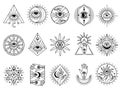 Mystical symbols. Occult emblems meditation magic esoterism and alchemy icons mystery stones tarot cards and moons Royalty Free Stock Photo