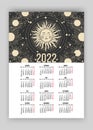 Mystical Tarot calendar for 2022 in astrological boho style, sun faces on a black background. Week starts on Monday. A4
