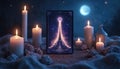 Mystical tarot card reading with burning candles at night. Tower card Paris Eiffel Tower on magic mountain. Esoteric divination Royalty Free Stock Photo