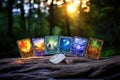 Mystical Tarot Cards Laid Out with Forest, Lake, and Mountain Background, Embracing Natural Magic