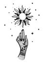 Mystical tattoo with a female hand and the sun with rays. Mystical illustration vintage design for beauty salon Royalty Free Stock Photo