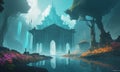 Mystical temple in the fog. 3D rendering illustration. Royalty Free Stock Photo