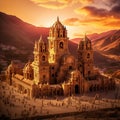 Mystical temple nestled in the mountains of Cusco at sunset