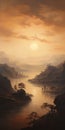 Mystical Terrains: A Serene Sunset Painting Over A Lake