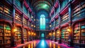 A Mystical Timelapse Through a Glowing Medieval Library Ancient Architecture Meets NeonLit Illuminated Manuscripts a Royalty Free Stock Photo