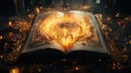 The magic book ablaze with golden fire, a wondrous realm of fantasies,