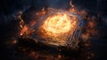 The magic book ablaze with golden fire, a wondrous realm of fantasies,
