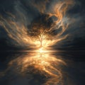 Mystical Tree Glowing in Surreal Light Above Calm Water Reflection
