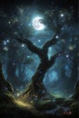 A mystical tree stands in an enchanted forest at night under a moonlit sky.