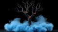 A mystical tree surrounded by blue smoke against a black background Royalty Free Stock Photo