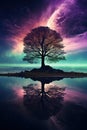 Mystical Tree Under Starry Sky with Northern Lights Reflection