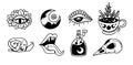Mystical trippy isolated cliparts bundle, goblincore aesthetics, mystical moon, evil eye, crow skull, magic bottle and