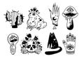 Mystical trippy isolated cliparts bundle, goblincore aesthetics, mystical toad, black cat, creepy mushroom, hand, skull