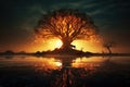 Mystical Twilight: Dramatic Clouds Surrounding a Magical Tree. Generative AI Royalty Free Stock Photo