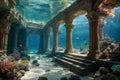 A mystical underwater city with merfolk swimming among ancient ruins