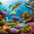 1377 Mystical Underwater World: A mystical and enchanting background featuring an underwater world with mermaids, seahorses, and