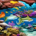 1377 Mystical Underwater World: A mystical and enchanting background featuring an underwater world with mermaids, seahorses, and