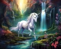 mystical unicorn in front of a wonderful waterfall.