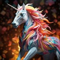 A mystical unicorn, its origami form radiating with ethereal hues as it gallops through a magical forest by AI generated