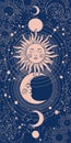Mystical vertical banner with sun, moon and crescent, tarot card background, astrology magic illustration. Golden sun Royalty Free Stock Photo