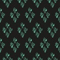 Mystical vibrating mushrooms on a black background seamless pattern. Vector illustration of fantasy background and wallpaper.