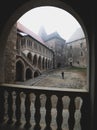 Interior and exterior of the Hunedoara castle in Romania in foggy conditions Royalty Free Stock Photo