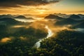 Mystical view from top on forest under haze at early morning. Eerie mist among layers from tree silhouettes in taiga under predawn Royalty Free Stock Photo