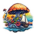 Mystical Voyage Mushroom Island and Ship on White Royalty Free Stock Photo