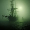 Mystical Voyage: Sailing Ship Enveloped in Enigmatic Bermuda Fog Royalty Free Stock Photo